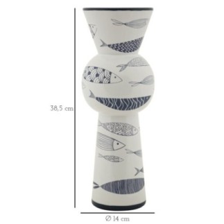 Vaso com motivo de peixe em cerâmica branca, 14 x 38,5 cm