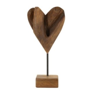 Corazón sobre pie en teka marrón 15x10x35 cm - Pieza única