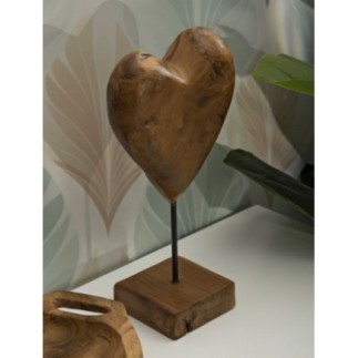 Corazón sobre pie en teka marrón 20x12x37 cm - Pieza única
