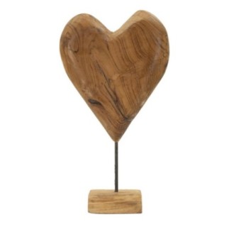 Corazón sobre pie en teka marrón 25x12x45 cm - Pieza única