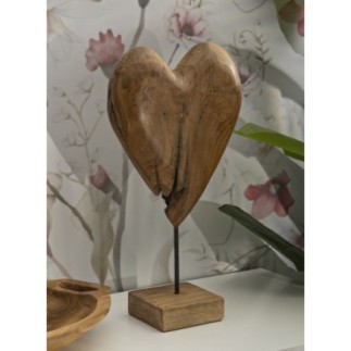 Corazón sobre pie en teka marrón 25x12x45 cm - Pieza única