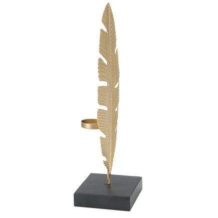 Feuille décorative sur socle en métal doré 10x10x34 cm