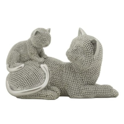 Figurine chat et son petit en polyrésine grise 19x9x13 cm