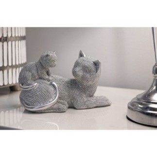 Estatueta de gata com o seu filhote em poliresina cinzenta, 19 x 9 x 13 cm