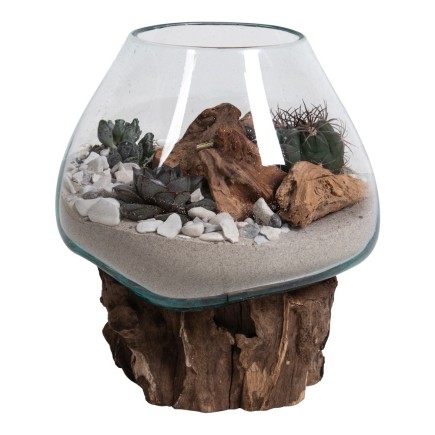 Vase sur socle bois en verre transparent 18x20 cm