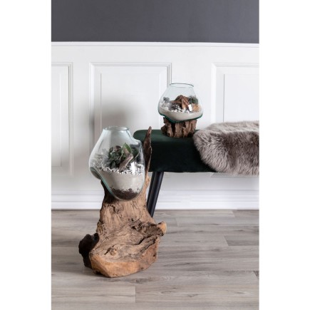 Vase sur socle bois en verre transparent 18x20 cm