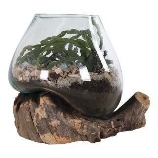 Vase sur socle bois en verre transparent 18x20 cm