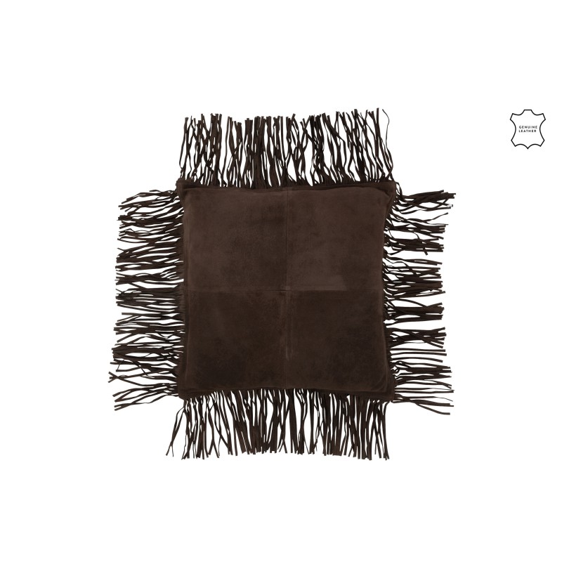Cuscino con frange in pelle marrone 45x45x8 cm Cuscino con frange in pelle marrone 45x45x8 cm