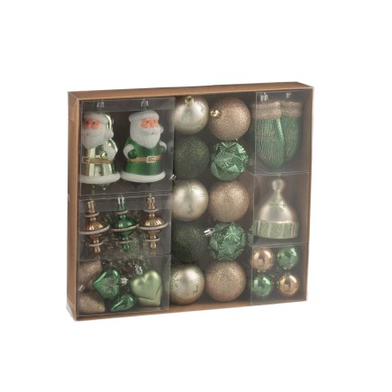 Caja de 45 adornos navideños de plástico verde 30x6x30 cm