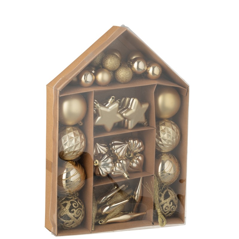 Boite de 50 décorations de Noël en plastique doré 24x6x34 cm Boite de 50 décorations de Noël en plastique doré 24x6x34 cm