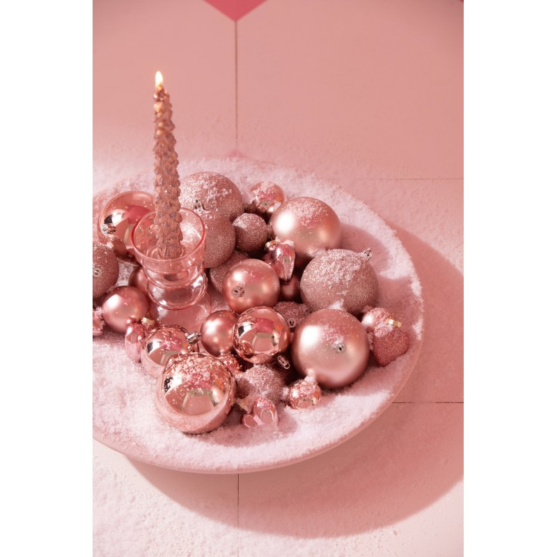 Caja de 24 adornos navideños de plástico rosa claro D.4 cm Caja de 24 adornos navideños de plástico rosa claro D.4 cm