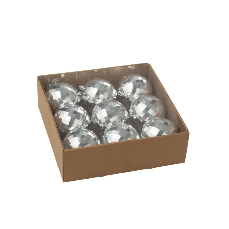 Caja de 9 adornos de Navidad de plástico plateado D.10 cm