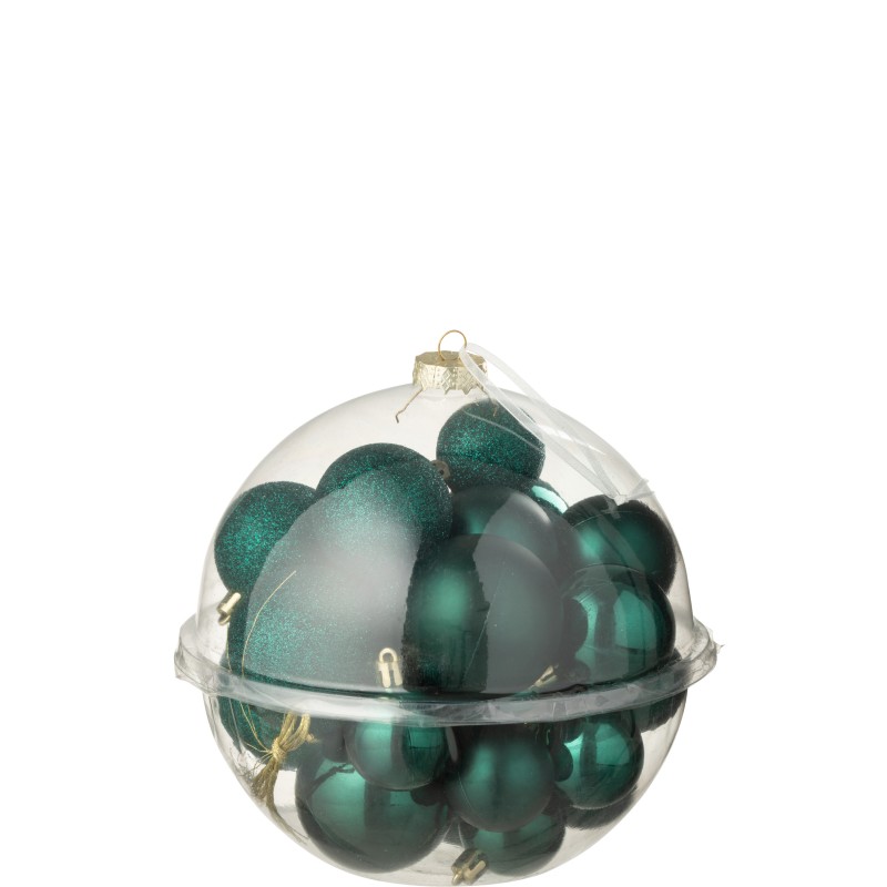 Scatola di 24 ornamenti natalizi in plastica verde da D.4 a 6 cm Scatola di 24 ornamenti natalizi in plastica verde da D.4 a 6 cm