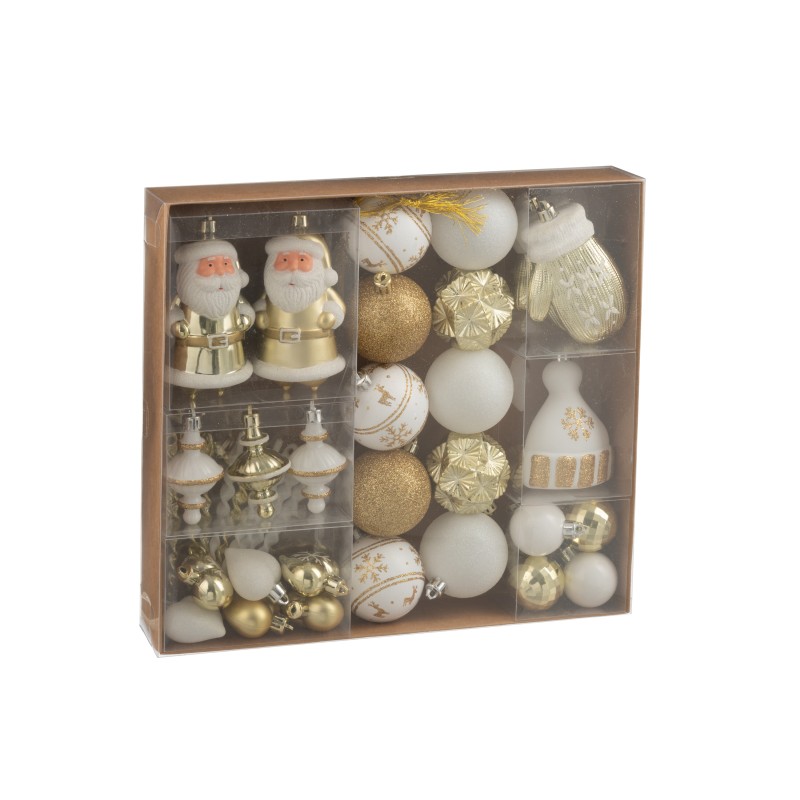 Caja de 45 adornos navideños de plástico blanco 30x6x30 cm Caja de 45 adornos navideños de plástico blanco 30x6x30 cm