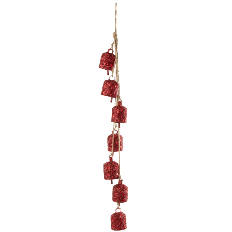 Set da appendere di 7 campane rosse in metallo 7,5x7,5x45,5 cm Set da appendere di 7 campane rosse in metallo 7,5x7,5x45,5 cm