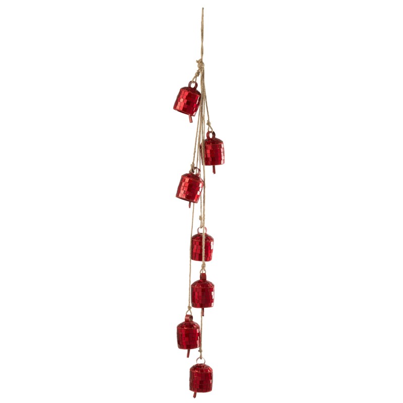 Suspension de 7 cloches miroir en métal rouge 7.5x7.5x45.5 cm Suspension de 7 cloches miroir en métal rouge 7.5x7.5x45.5 cm