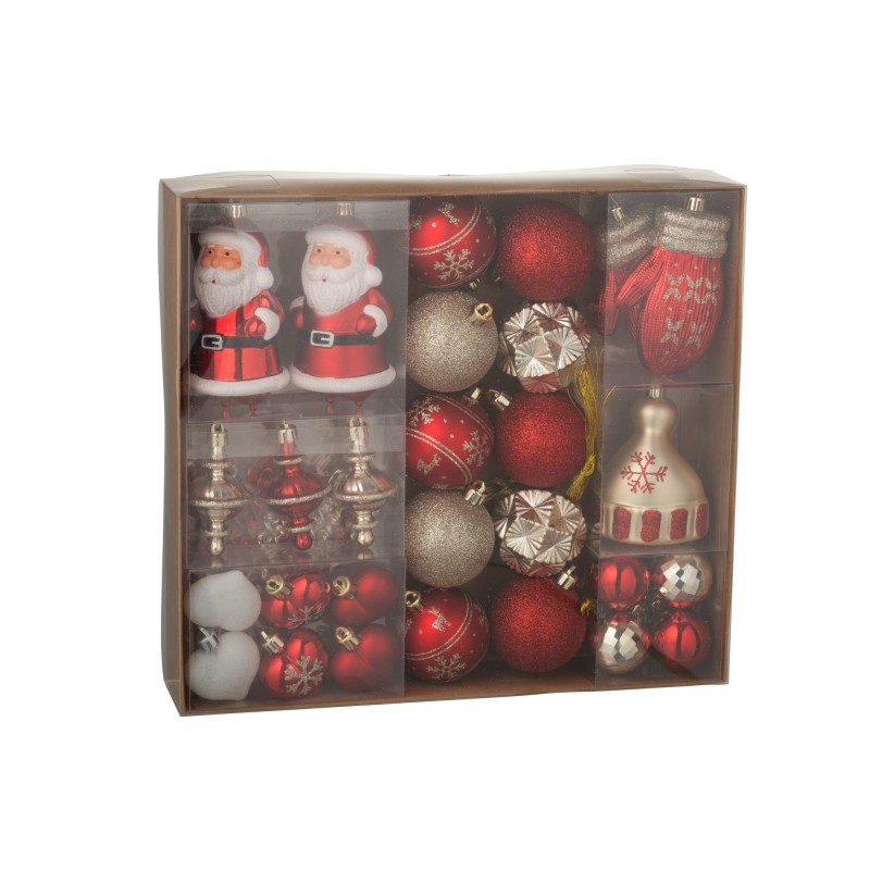 Caja de 80 adornos navideños de plástico rojo 30x18x58 cm Caja de 80 adornos navideños de plástico rojo 30x18x58 cm