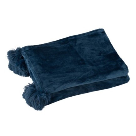 Coperta in poliestere blu con pompon 173x126 cm