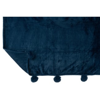 Coperta in poliestere blu con pompon 173x126 cm