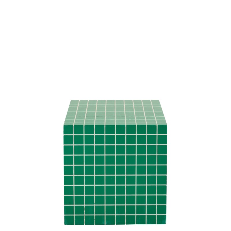 Mesa auxiliar cúbica con diseño de damero en madera verde 34,8 x 34,8 x 35,2 cm Mesa auxiliar cúbica con diseño de damero en madera verde 34,8 x 34,8 x 35,2 cm
