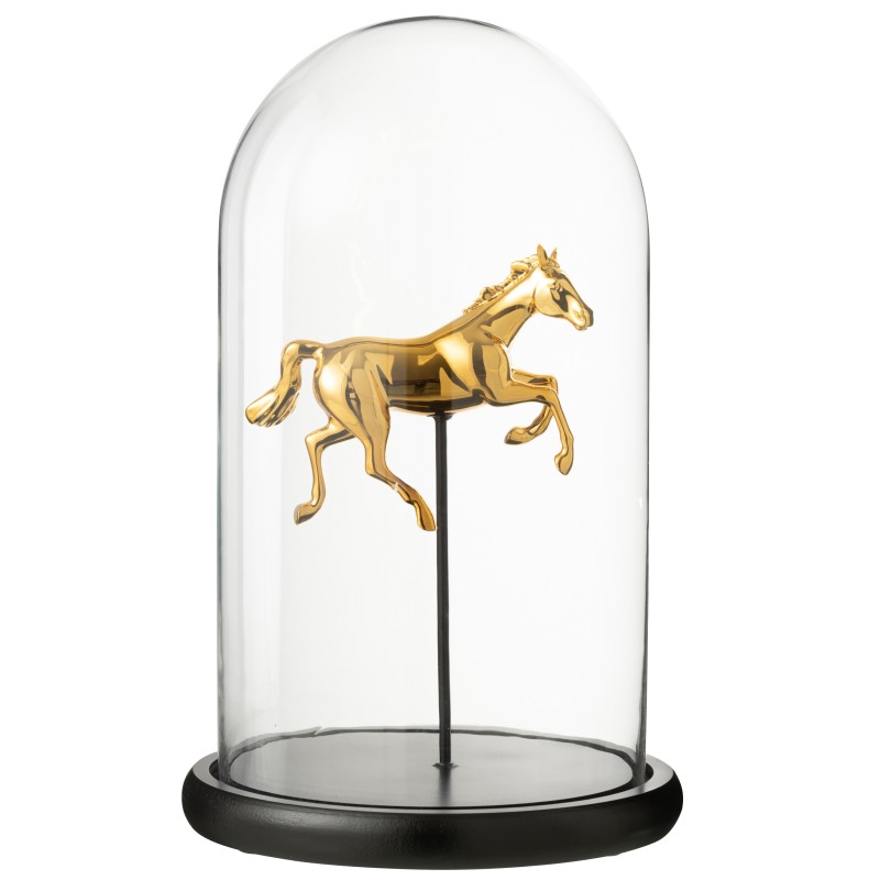 Cloche décorative avec cheval doré en verre socle noir 23x23x38 cm Cloche décorative avec cheval doré en verre socle noir 23x23x38 cm