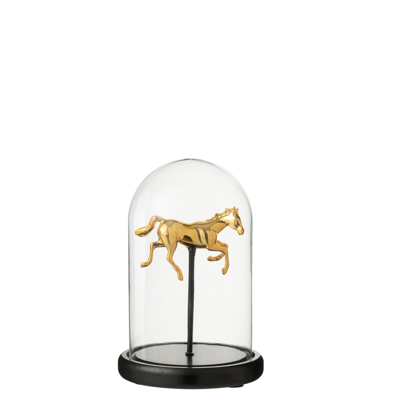 Cloche décorative avec cheval doré en verre socle noir 14x14x22 cm Cloche décorative avec cheval doré en verre socle noir 14x14x22 cm