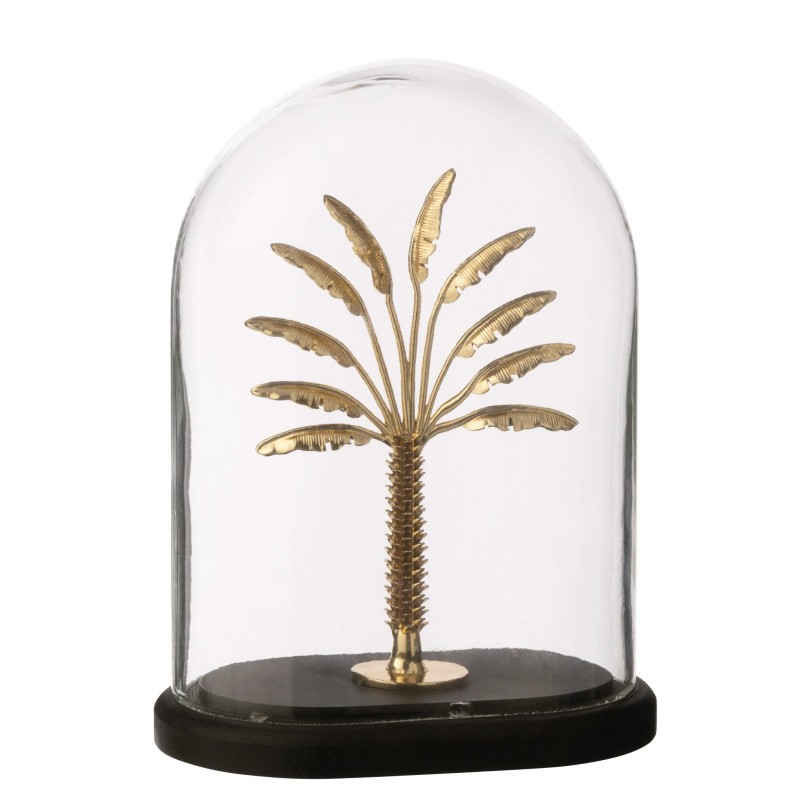 Cloche décorative avec palmier doré en verre socle noir 17x12x22 cm Cloche décorative avec palmier doré en verre socle noir 17x12x22 cm