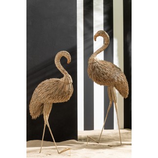 Flamant rose décoratif en herbes naturelles beige 45x40x138 cm
