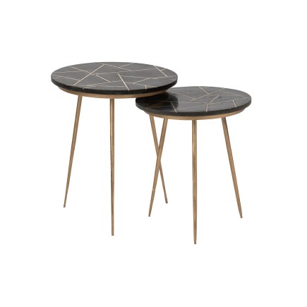 Set di 2 tavolini sovrapponibili in marmo nero e metallo dorato H47 e 58 cm