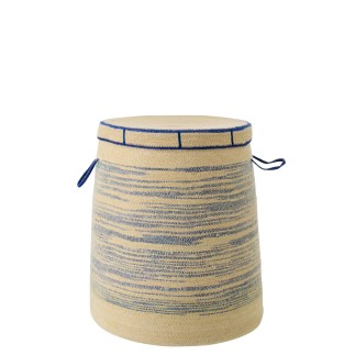 Panier avec couvercle en jonc de mer bleu et beige 51x51x60 cm