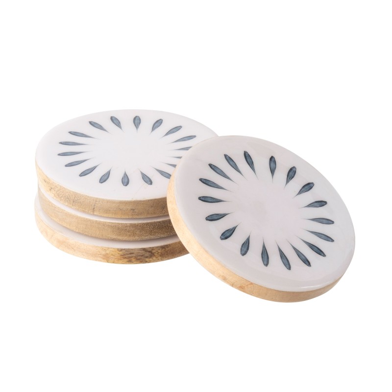 Set de 4 sous-verres rond en bois de manguier blanc et bleu 10x10x1 cm