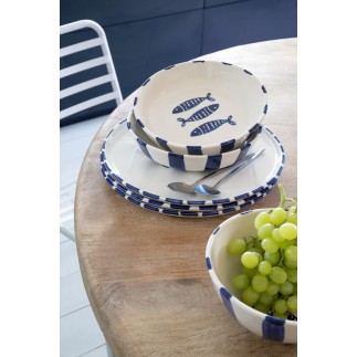 Prato plano decorado com peixe em cerâmica azul 34x34x2,5 cm
