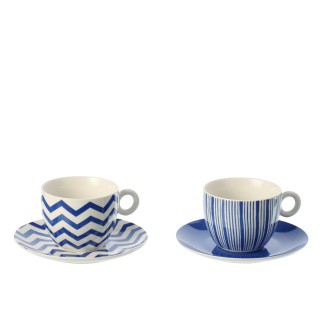 Boite 2 tasses et sous-tasses en céramique bleu 15x9x8 cm