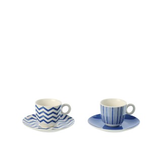 Caja con 2 tazas y platillos de cerámica azul, 11,8 x 6 x 7,5 cm.