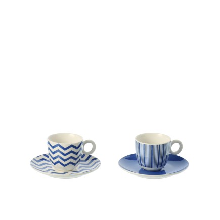 Caja con 2 tazas y platillos de cerámica azul, 11,8 x 6 x 7,5 cm.