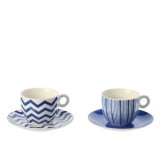 Boite 2 tasses et sous-tasses en céramique bleu 15x9x8 cm