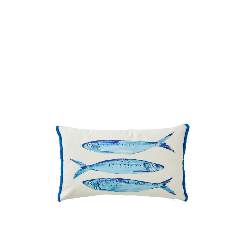 Almofada retangular em algodão azul e branco com padrão de peixes, 50 x 30 x 10 cm Almofada retangular em algodão azul e branco com padrão de peixes, 50 x 30 x 10 cm