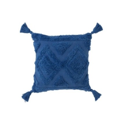 Coussin carré avec pompons en coton bleu 45x45x15 cm