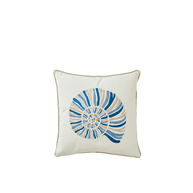 Cojín cuadrado con forma de concha, de algodón azul y blanco, 45 x 45 x 10 cm. Cojín cuadrado con forma de concha, de algodón azul y blanco, 45 x 45 x 10 cm.
