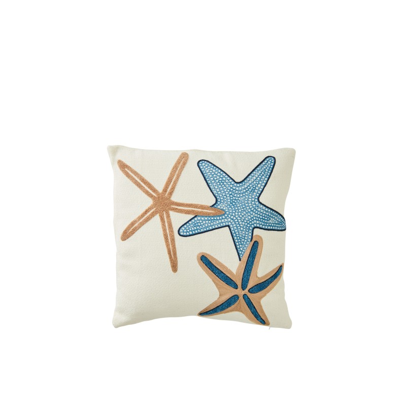 Almofada quadrada com estrelas-do-mar em algodão azul e branco 45x45x10 cm