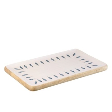 Plateau rectangulaire en bois de manguier blanc et bleu 40x25x2.5 cm