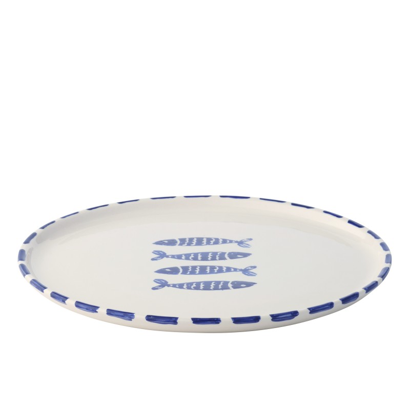 Assiette plate décoré poisson en céramique bleu 34x34x2.5 cm