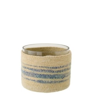Portavelas de vidrio con junco marino azul y beige 15 x 15 x 12 cm