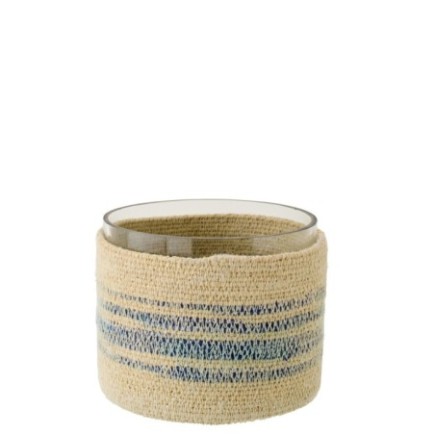 Portavelas de vidrio con junco marino azul y beige 15 x 15 x 12 cm