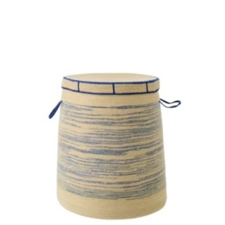 Cesto com tampa em junco azul e bege 51x51x60 cm