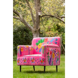 Fauteuil à fleur en tissu rose et bois de manguier 64x75x84 cm