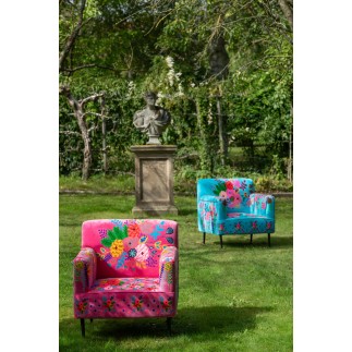 Sillón con respaldo bajo de tela rosa y madera de mango, 64 x 75 x 84 cm
