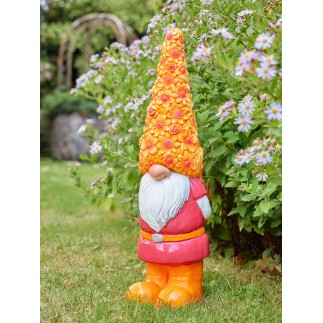 Lutin chapeau fleuri en polyrésine orange 19x15x61 cm