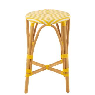 Banco de bar em rattan bege e amarelo, 38 x 38 x 65 cm