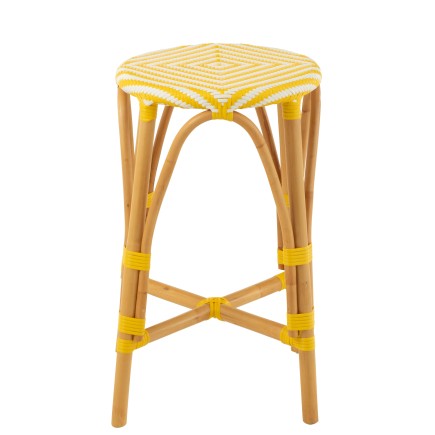 Banco de bar em rattan bege e amarelo, 38 x 38 x 65 cm